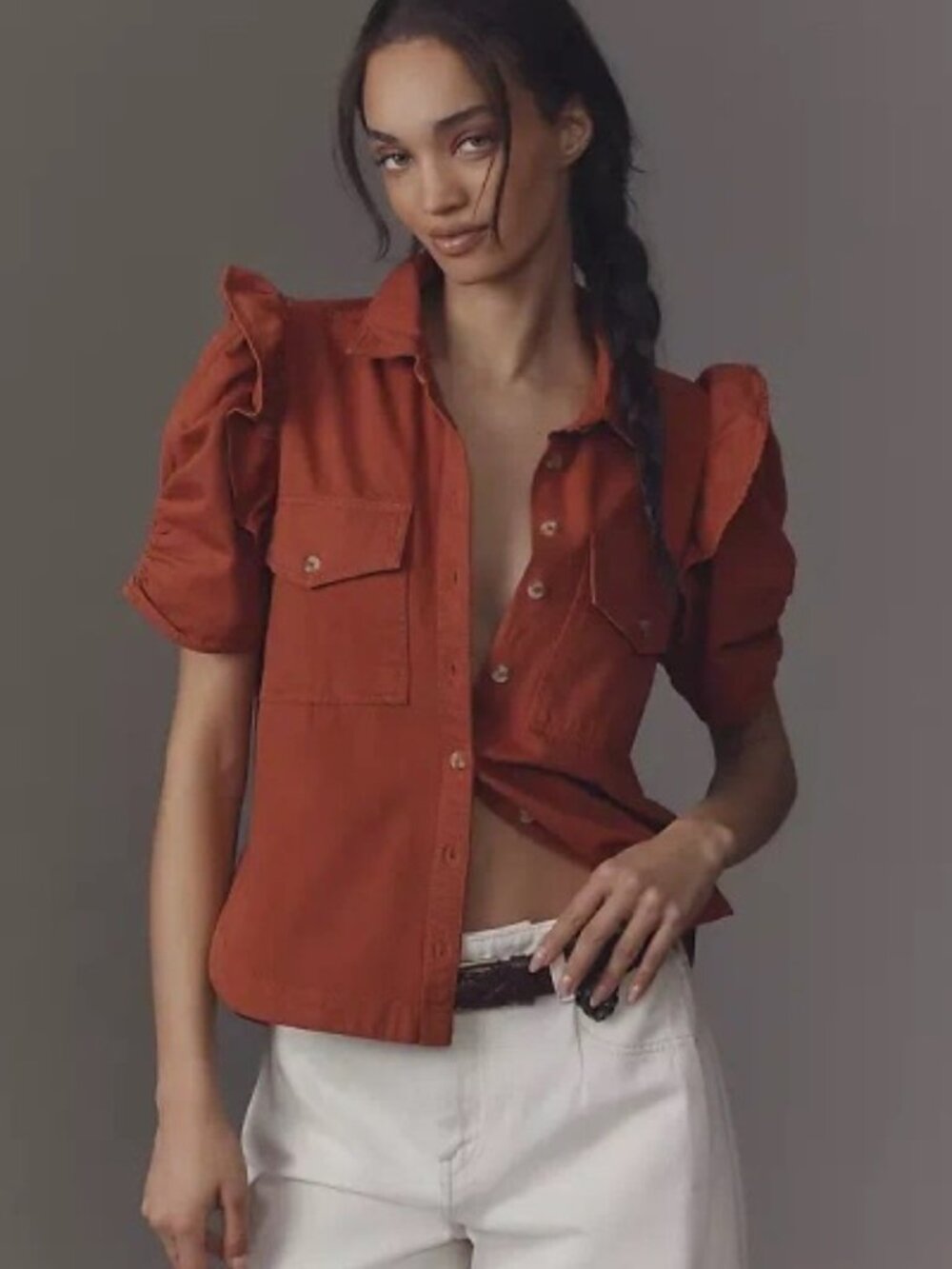 The Ozzi Ruffle-sleeve Buttondown Shirt by Pilcro